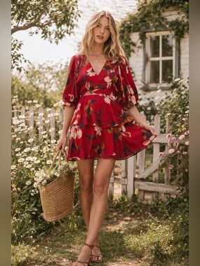 NWT Band of the Free Dolly Red Floral Puff Sleeve Mini Dress Boho Cottagecore